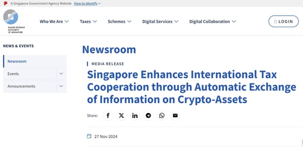 新加坡最快将在2027年实施加密资产报告框架(CARF)